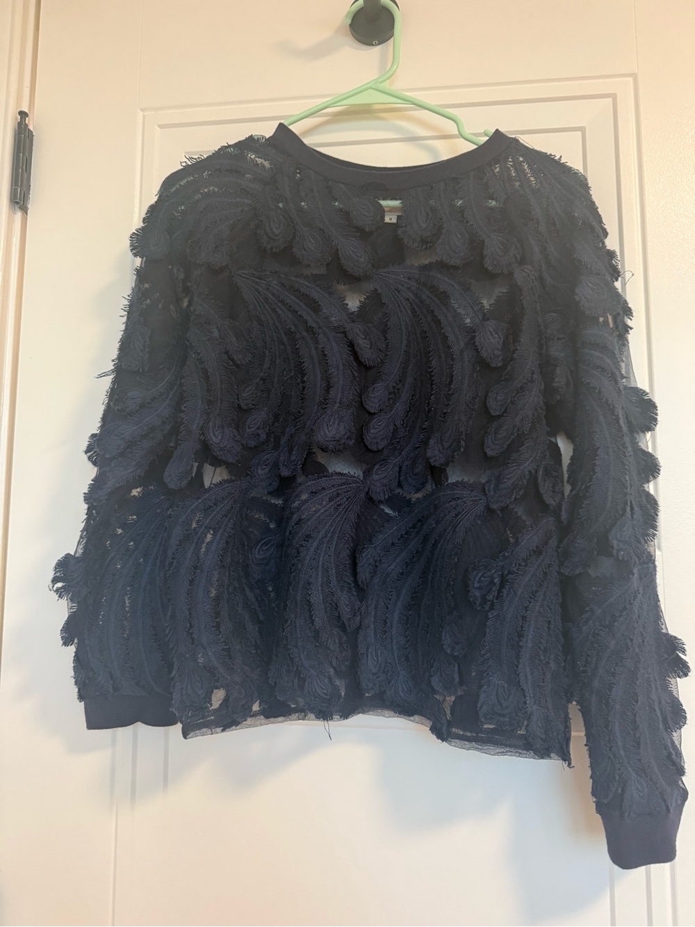 Pepin Navy Fringe-Textured Long Sleeve Top